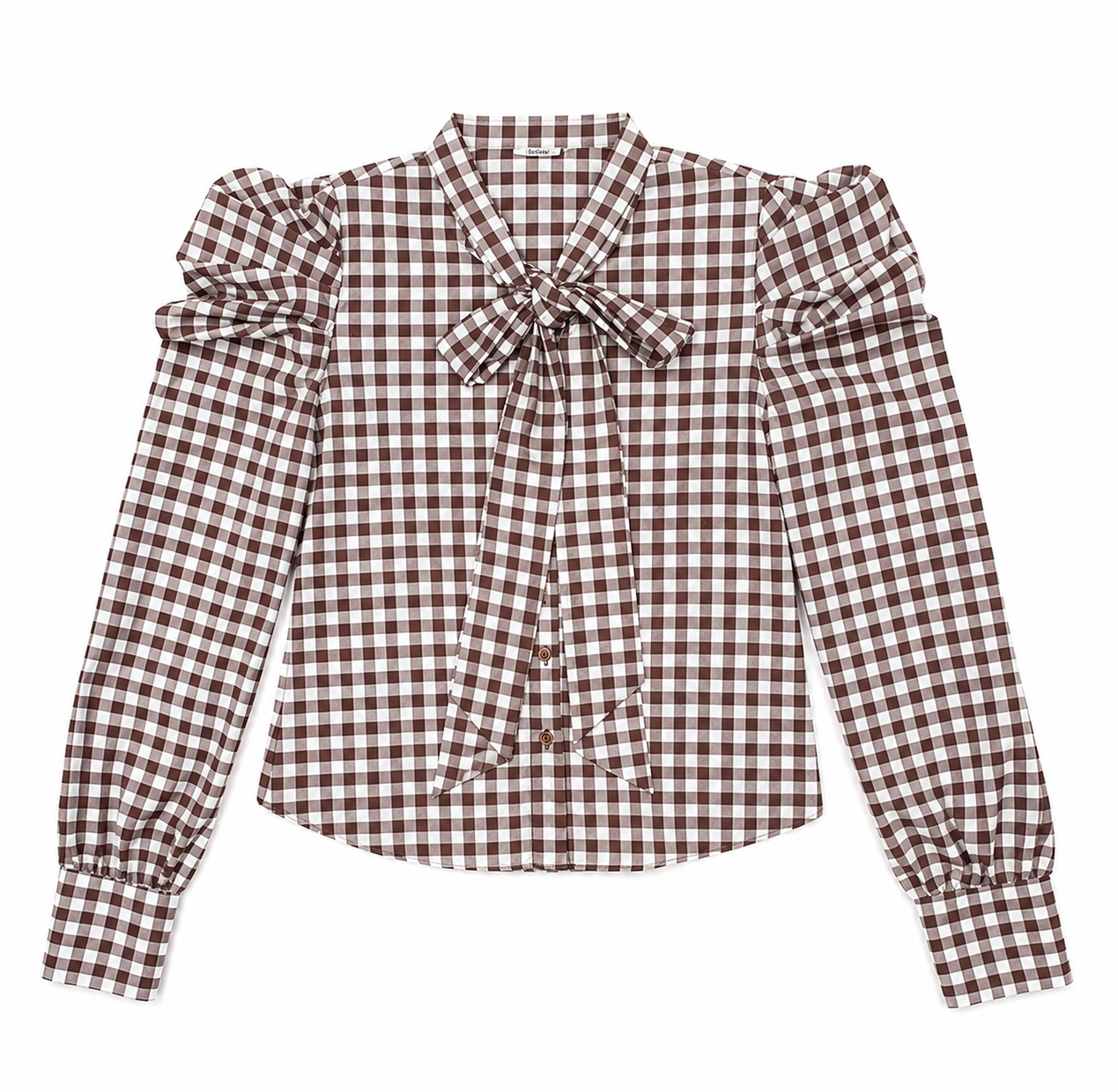 BARELLI CHECKERED PUFF SLEEVE BUTTON DOWN TOP W NECK TIE