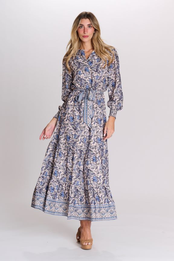 PARCELLE BLUEBERRIE PRINTED BELTED DRESS W SHIRRED CUFFS