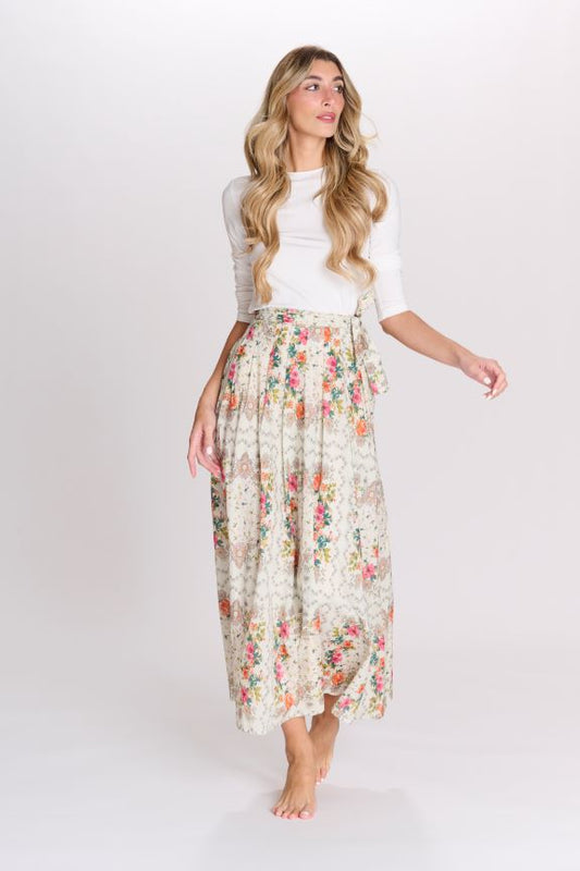 PARCELLE FLORAL PRINT SKIRT W TUCKED WAIST AND SIDE TIE