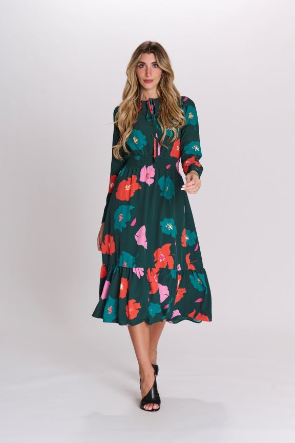 PARCELLE FLORAL TIERED DRESS W TIE NECK