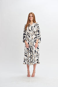PARCELLE WHITE BLACK SWIRL DESIGN DRESS