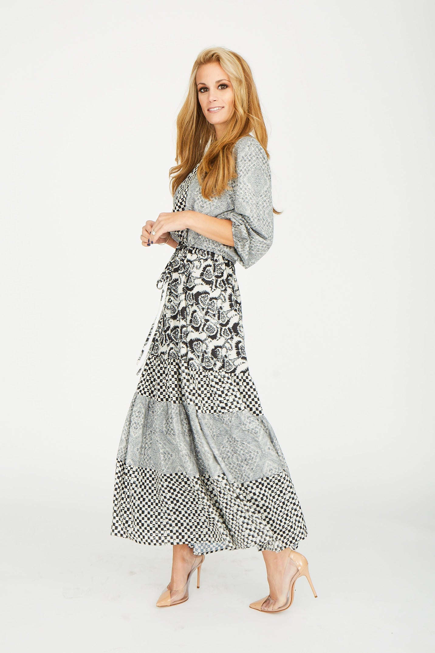 PARCELLE MULTIPRINTED TIERED DRESS W DRAWSTRING AND ZIPPER