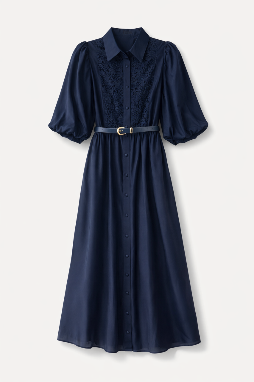 ATTIRE BELTED EMBROIDERED FRONT DRESS