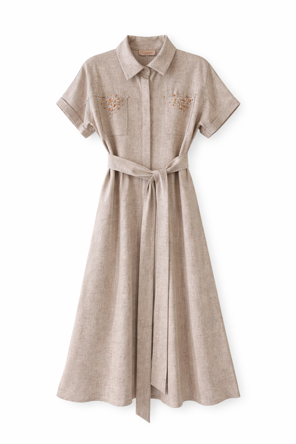CELINA`S BUTTONDOWN BEADED ACCENT SHORT SLEEVE DRESS