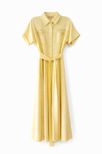 CELINA`S BUTTONDOWN BEADED ACCENT SHORT SLEEVE DRESS