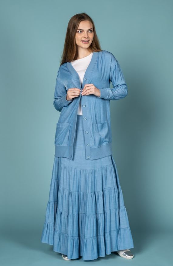 BASIX LONG TIERED CHAMBRAY MAXI SKIRT