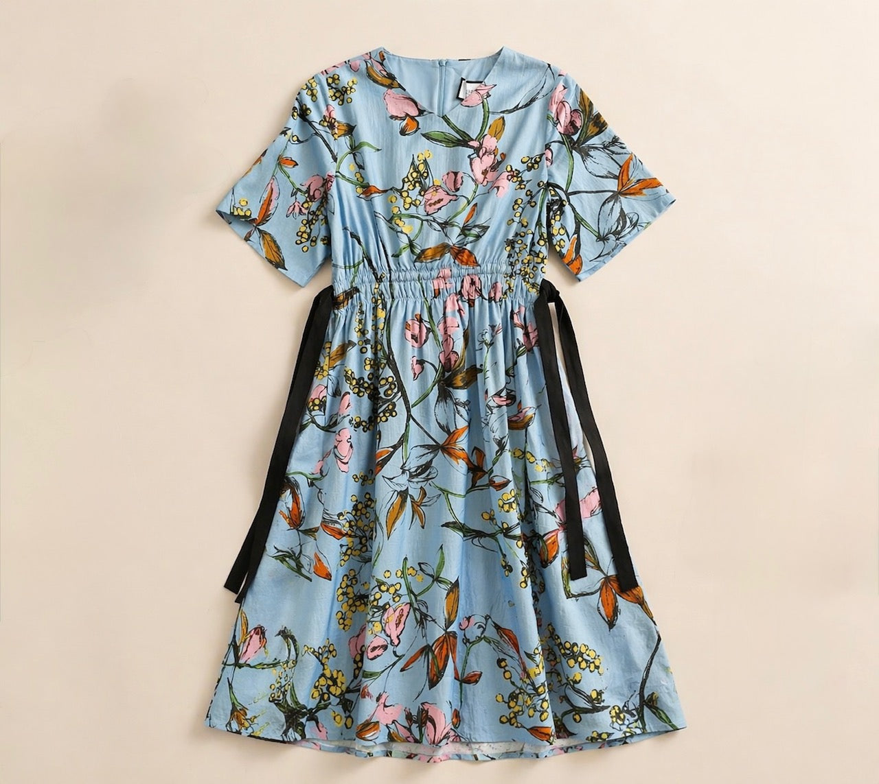 BY CELINE SIDE-TIE FLORAL SHORT SLEEVE DRESS