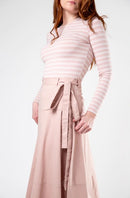 IN:05 DENIM BELTED RUFFLE MIDI SKIRT