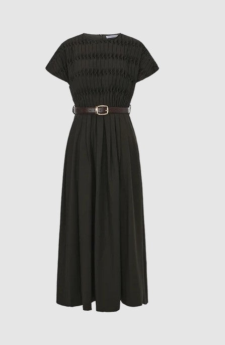 BOLD EDGE BELTED MAXI WOOL DRESS