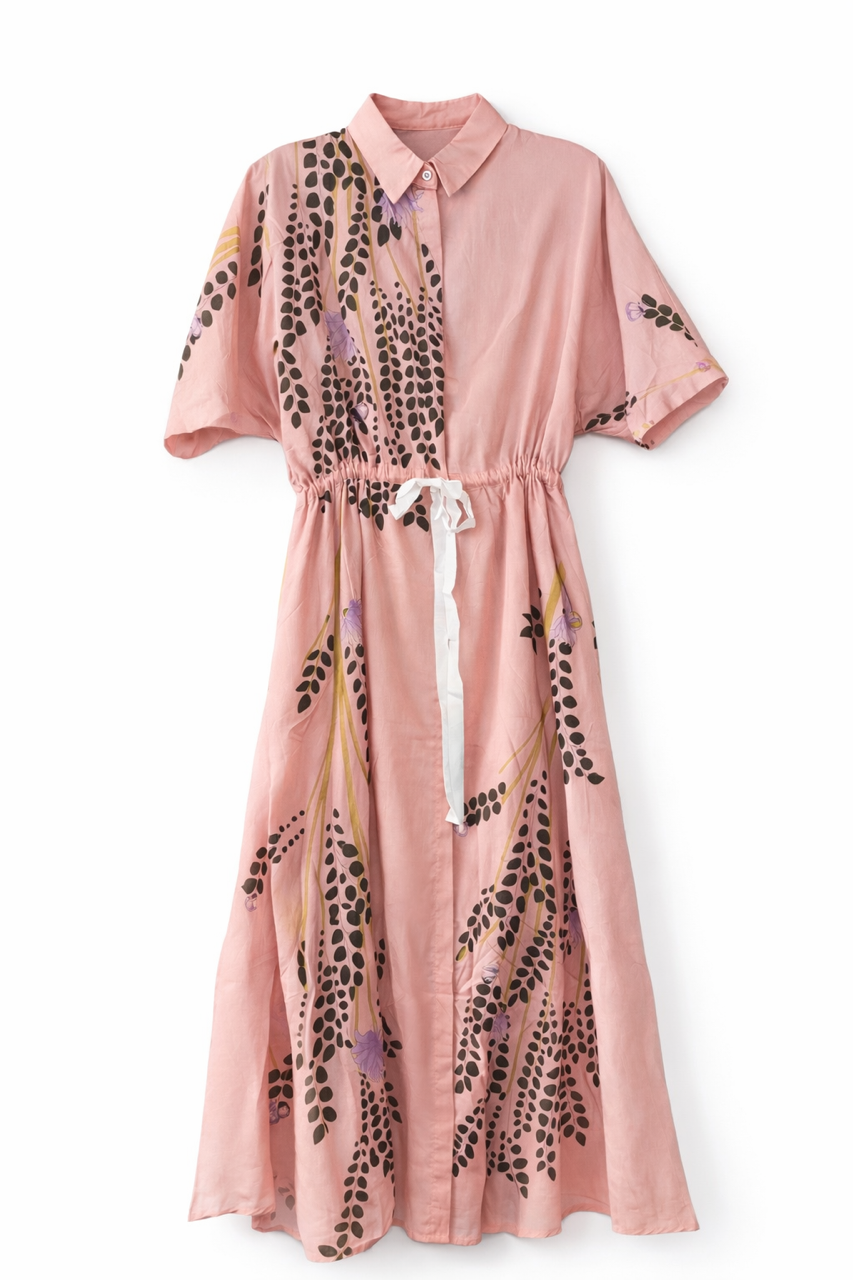 HAZEL AND OLIVE PRINTED SHORT-SLEEVE PULLSTRING DRESS