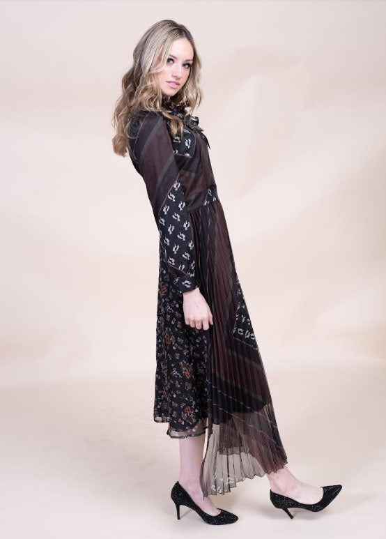BELLE MULTIPRINTED DRESS W PLEATED BOTTOM