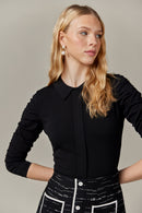 APPARALEL COLLARED KNIT TOP W RUCHED SLEEVES