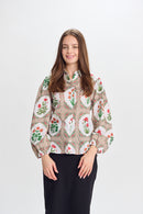 CHLOE & EMMA SHEER PRINTED BUTTON DOWN BLOUSE