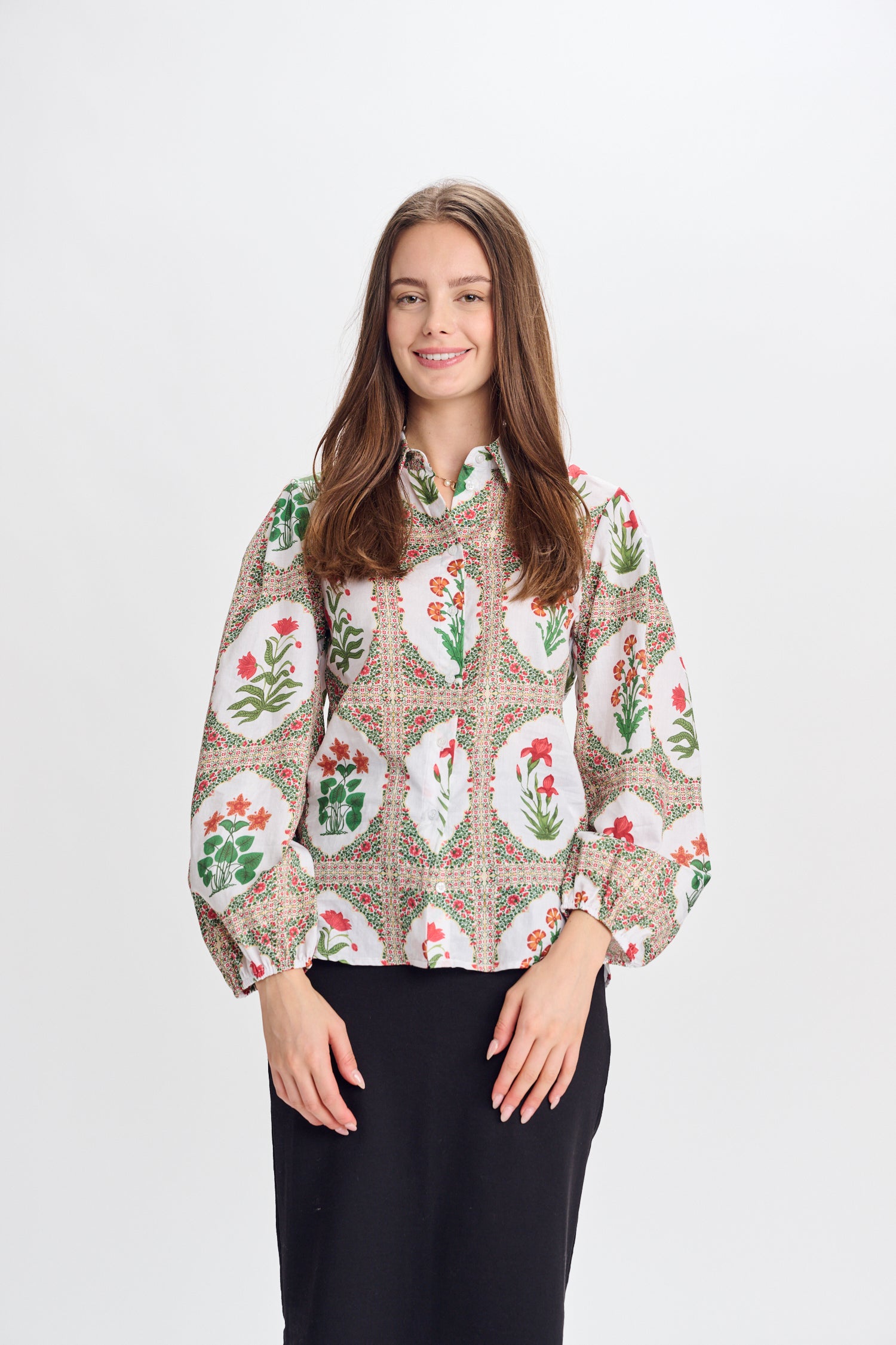 CHLOE & EMMA SHEER PRINTED BUTTON DOWN BLOUSE