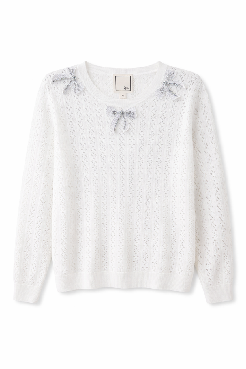 NOIR KNIT TOP W NECK BOW APPLIQUES