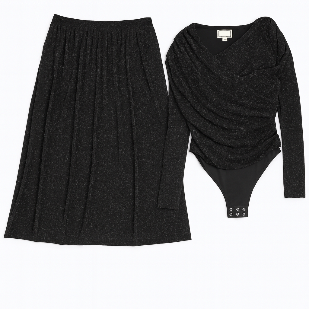 NOIR SIDE WRAP TOP WITH PLEATED SKIRT SET