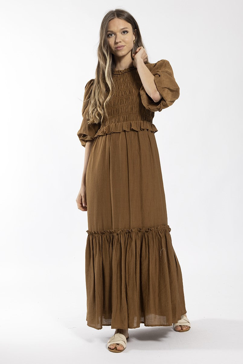 CONCEPT SMOCKED PUFF SLEEVE MAXI DRESS
