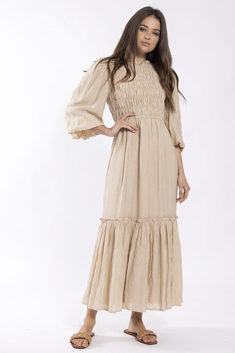 CONCEPT SMOCKED PUFF SLEEVE MAXI DRESS