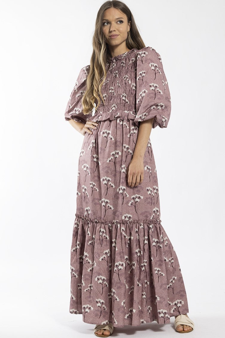 CONCEPT SMOCKED FLORAL RUFFLE DETAIL MAXI DRESS