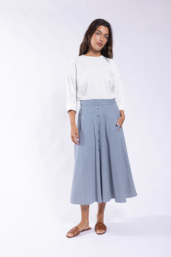 CONCEPT STRIPED DENIM SKIRT w/ FAUX PLACKET