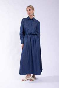 CONCEPT SIDE DRAWSTRING DENIM MIDI SKIRT