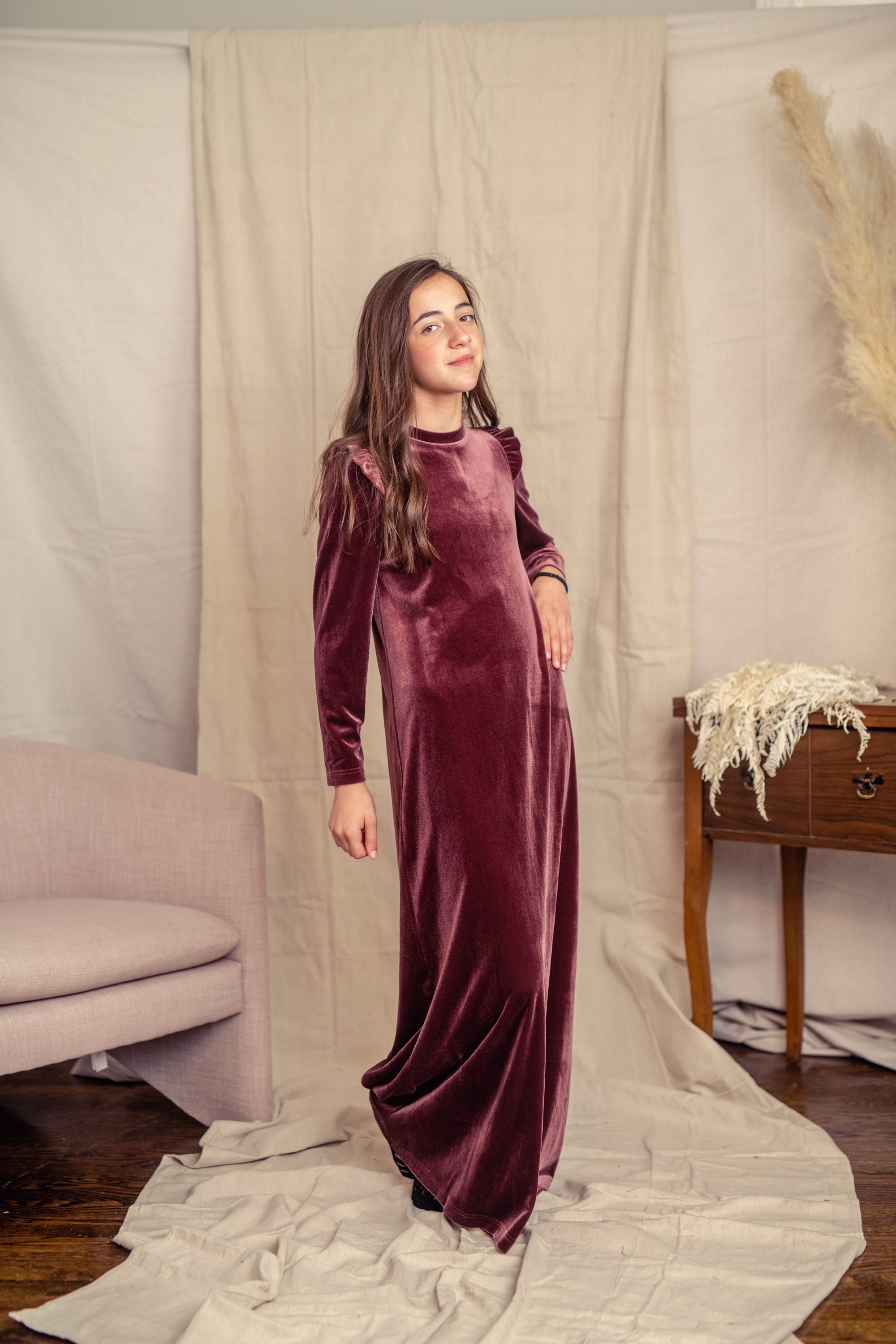 LILOU VELOUR RUFFLE SHOULDER ROBE