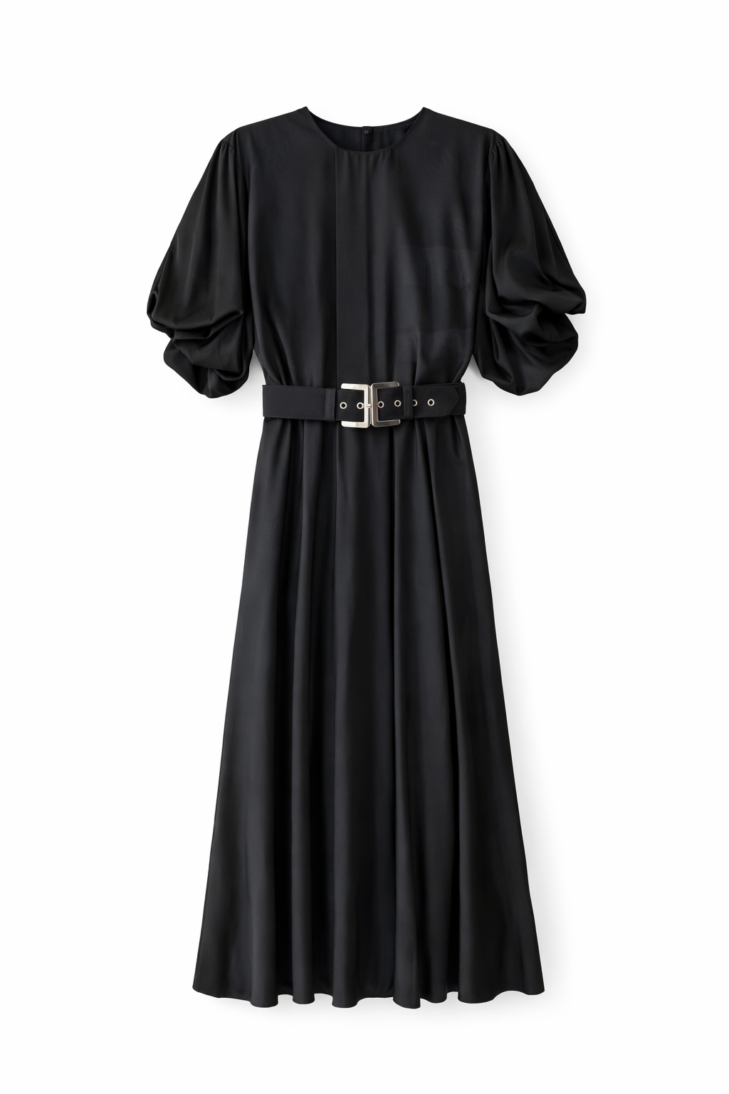 CELINA`S BUBBLE SLEEVE ASYMMETRIC BELTED DRESS