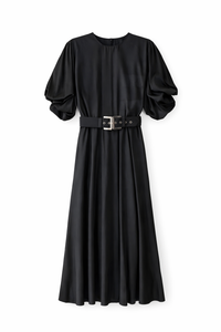 CELINA`S BUBBLE SLEEVE ASYMMETRIC BELTED DRESS