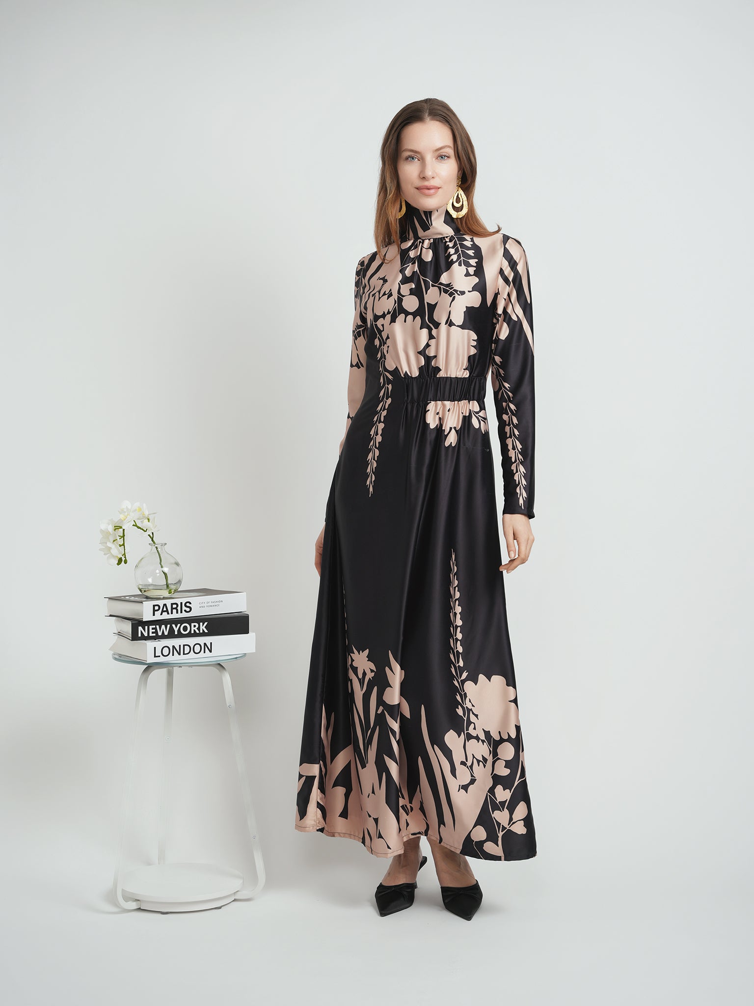 CAVALIER FLORAL PRINT MIDI DRESS W HIGH NECK AND ELASTIC WAIST