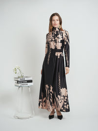 CAVALIER FLORAL PRINT MIDI DRESS W HIGH NECK AND ELASTIC WAIST