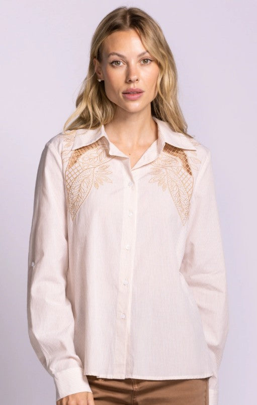 PINK MARTINI STRIPED BUTTONDOWN W EMBROIDERY SHIRT