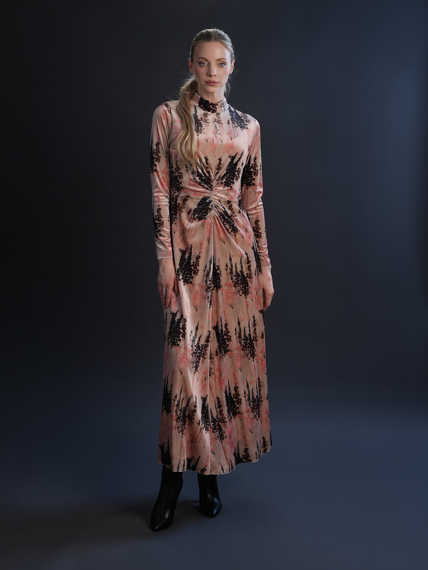 CELINA`S RUCHED FRONT PRINTED VELOUR DRESS