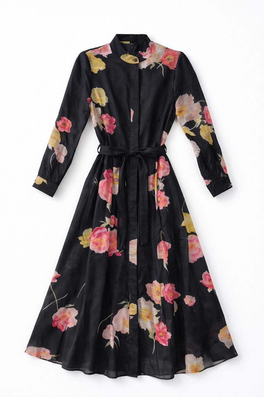 N55 ORGANZA FLORAL BELTED DRESS