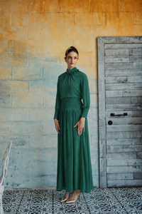 CELINA`S FLOWER APPLIQUE CREPE DRESS
