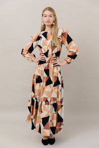 APPARALEL GEOMETRIC RUFFLE SHOULDER MAXI DRESS