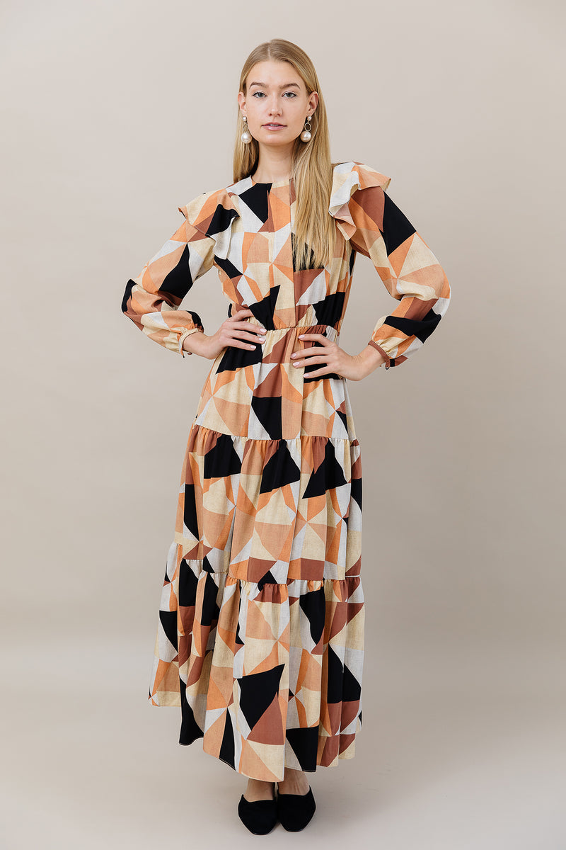 APPARALEL GEOMETRIC RUFFLE SHOULDER MAXI DRESS
