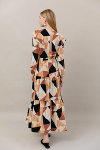 APPARALEL GEOMETRIC RUFFLE SHOULDER MAXI DRESS