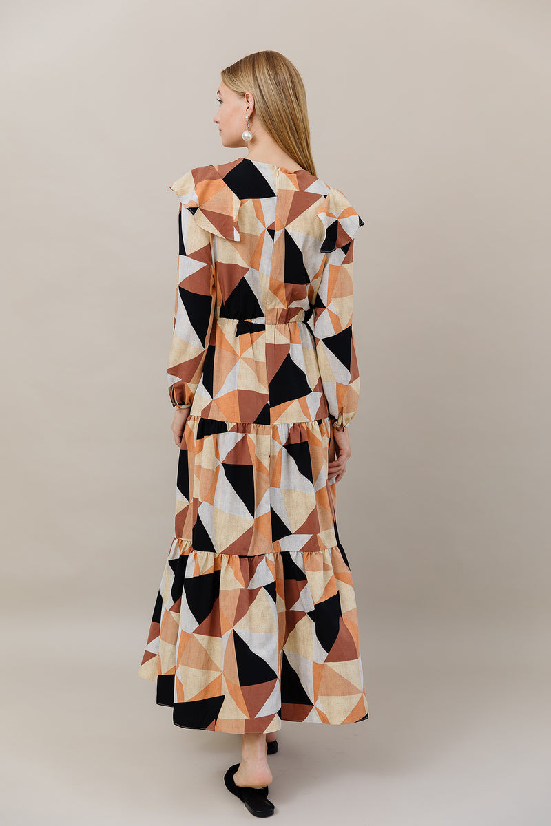 APPARALEL GEOMETRIC RUFFLE SHOULDER MAXI DRESS