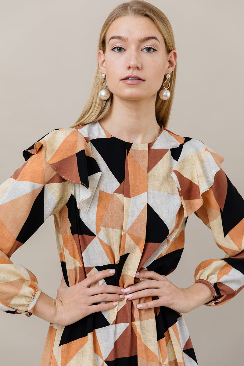 APPARALEL GEOMETRIC RUFFLE SHOULDER MAXI DRESS