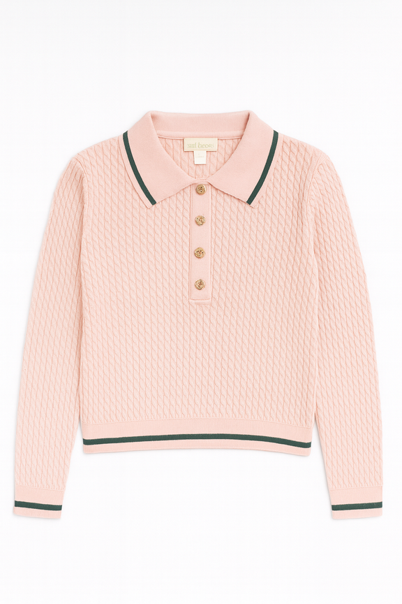 KNIT THEORY CROPPED CABLE POLO SWEATER
