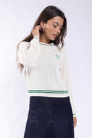 KNIT THEORY CABLE CREW WITH CONTRAST EMBROIDERY