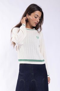 KNIT THEORY CABLE CREW WITH CONTRAST EMBROIDERY