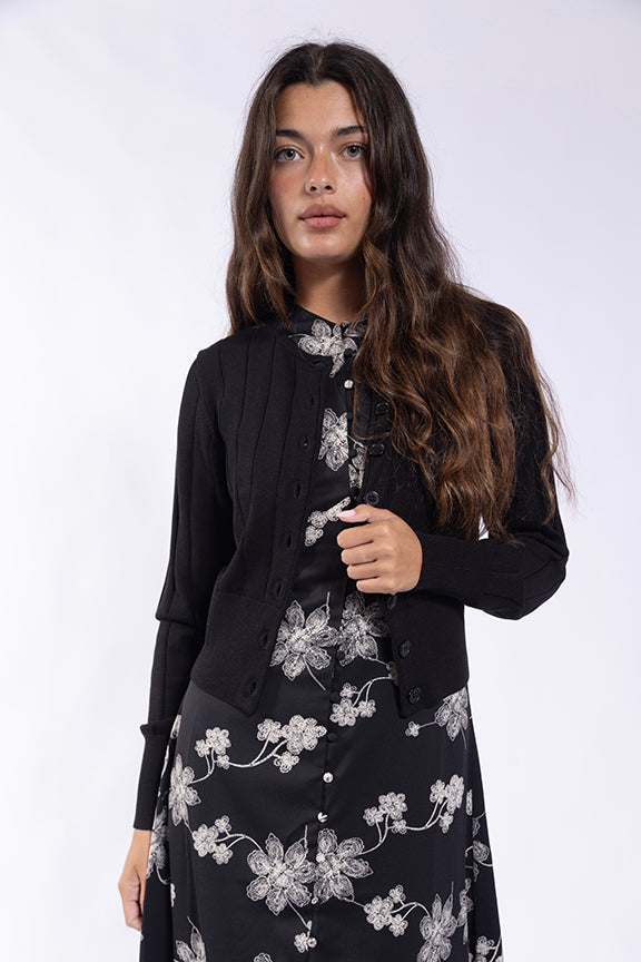 KNIT THEORY RIBBED KNIT CARDIGAN w/ WIDE WAISTBAND