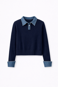 KNITTED SWEATER WITH DENIM COLLAR AND CUFFS
