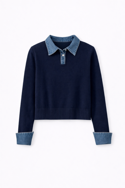 KNITTED SWEATER WITH DENIM COLLAR AND CUFFS