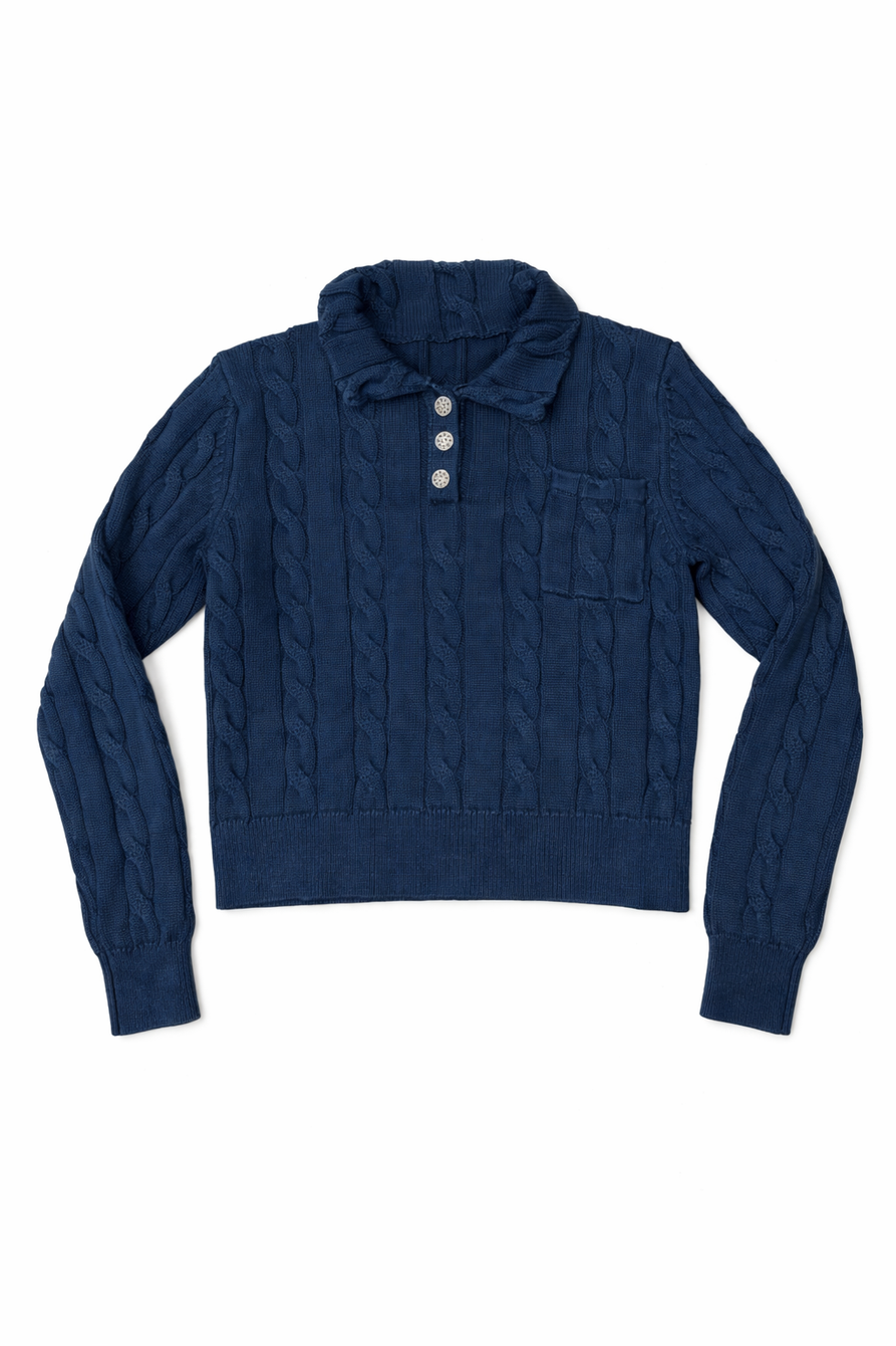 KNITTED WASHED CABLED POLO SWEATER