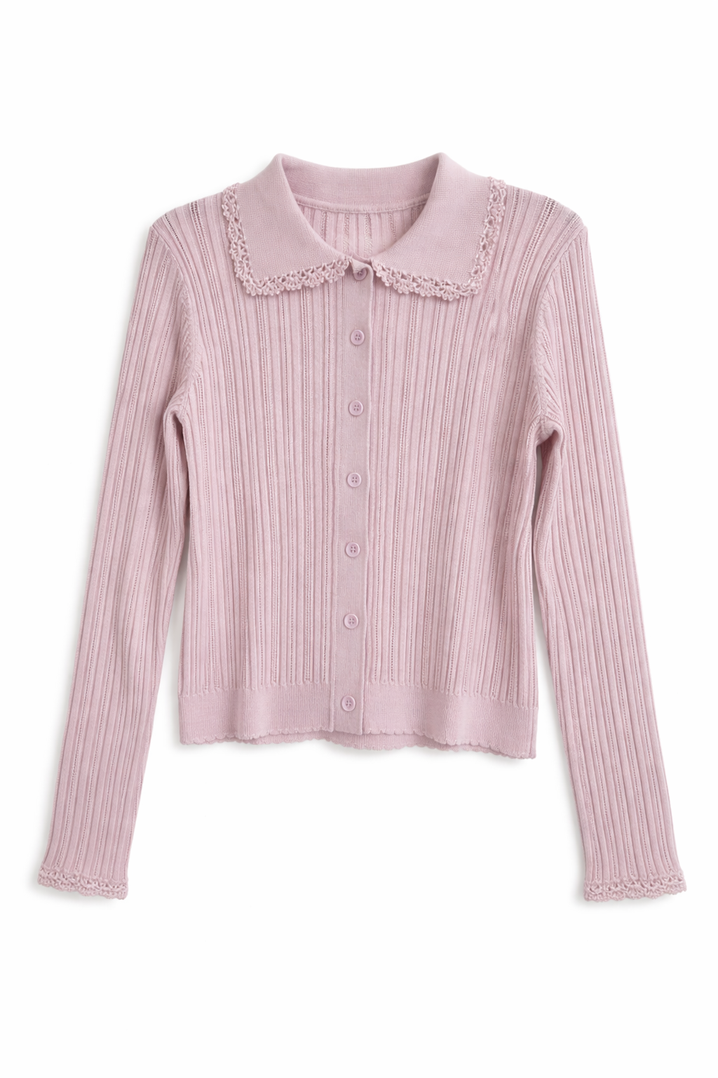 KNITTED CROCHET TRIMMED POINTELLE KNIT CARDIGAN