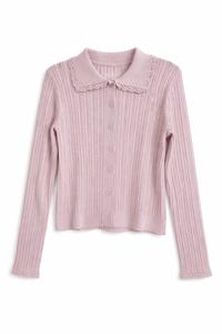 KNITTED CROCHET TRIMMED POINTELLE KNIT CARDIGAN