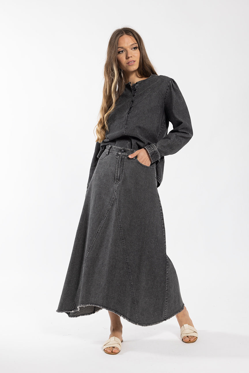 LATITUDE FRINGED ASYMMETRIC DENIM MIDI SKIRT