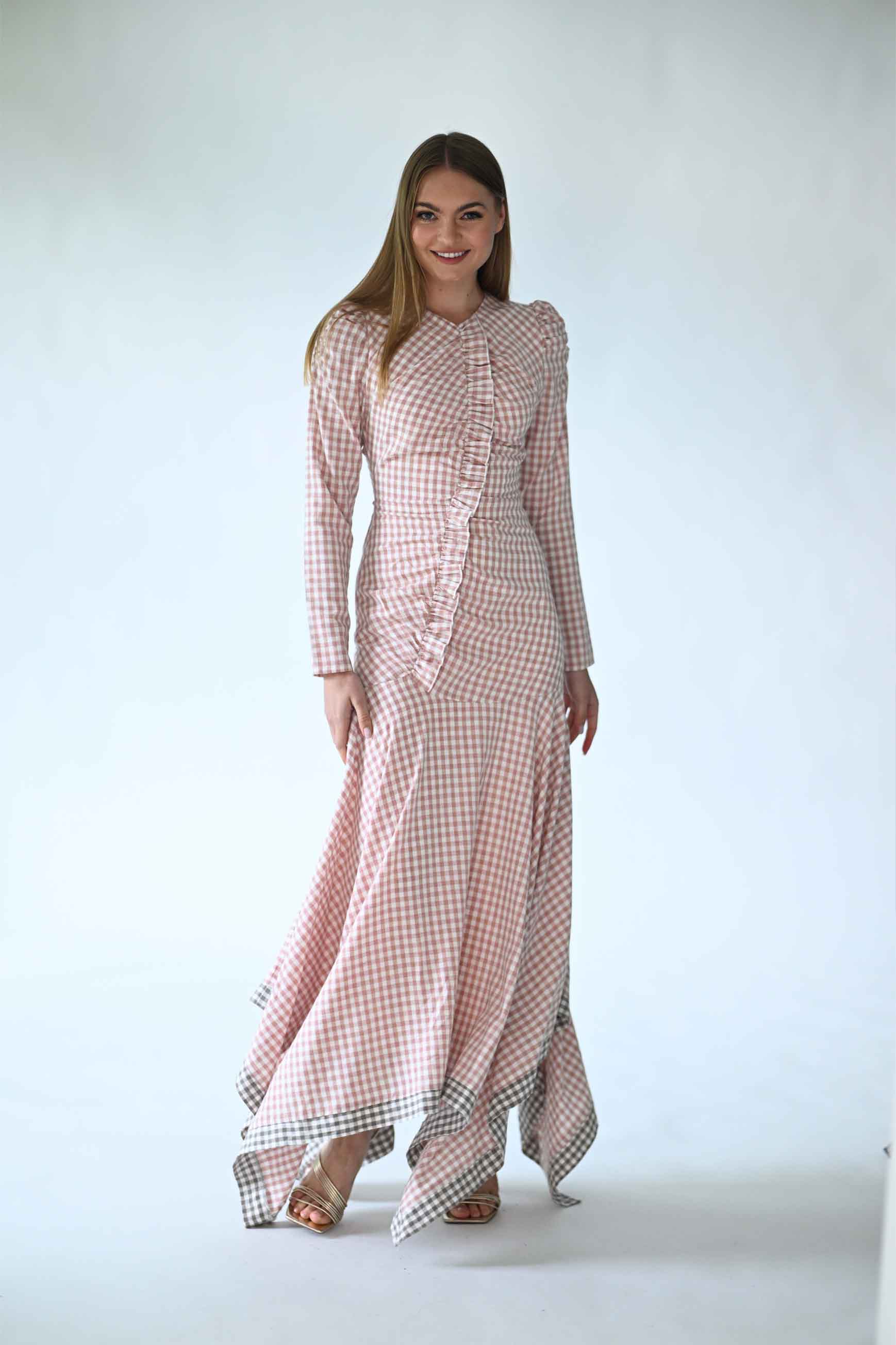 LATITUDE GINGHAM RUCHED ASYMMETRICAL DRESS
